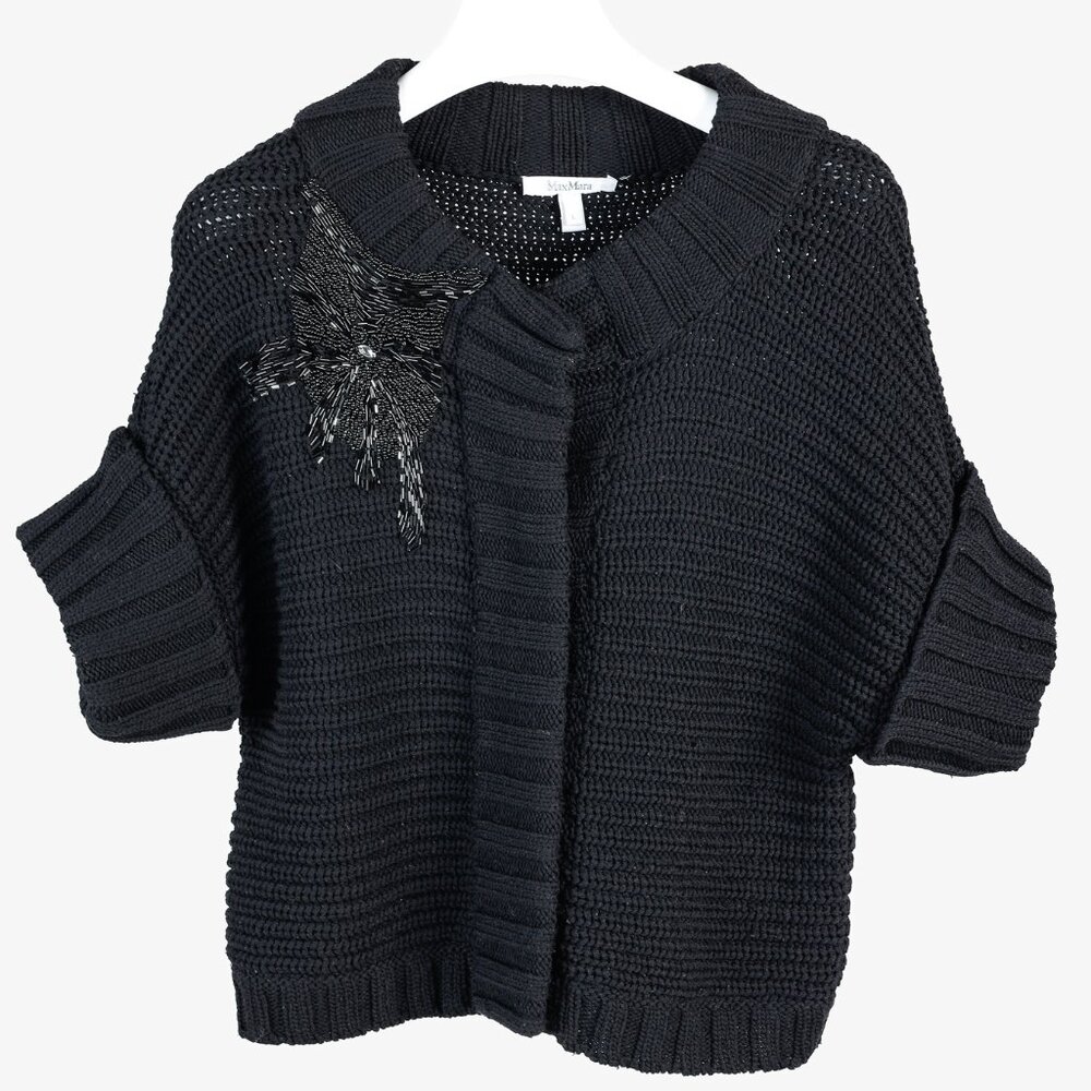 Max Mara Black Chunky Knit Beaded Boxy Cardigan